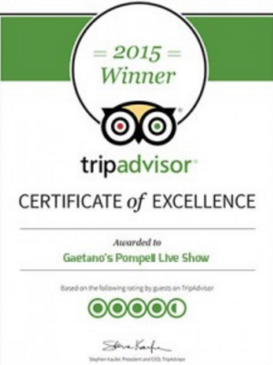 Tripadvisor Certificate of Excellence 2015 awarded to Gaetano's Pompeii Live Show
