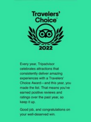 Tripadvisor Travelers Choice 2022 recognition message