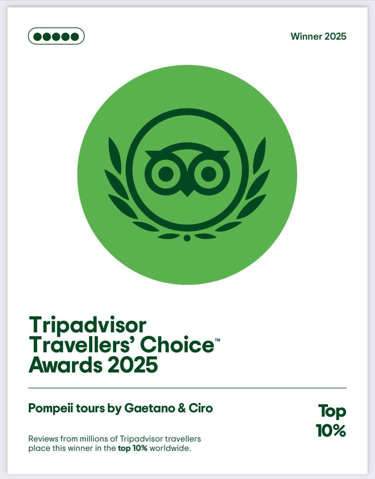 Tripadvisor Travellers Choice 2025 Top 10 percent worldwide award for Pompeii tours by Gaetano and Ciro