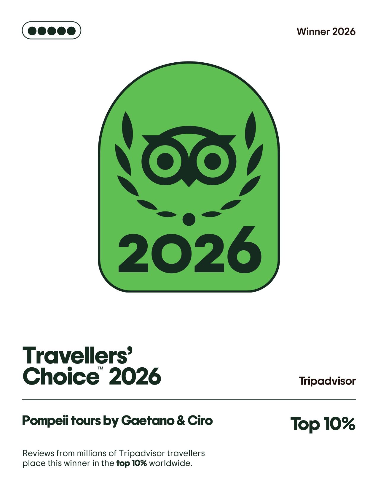 Tripadvisor Travellers Choice 2026 Top 10 percent worldwide award for Pompeii tours by Gaetano and Ciro